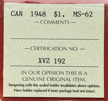 Load image into Gallery viewer, 1948 Canada 1 Dollar Silver Coin One Dollar - ICCS MS-62
