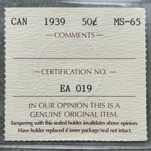 Load image into Gallery viewer, 1939 Canada 50 Cent Silver Coin Half Dollar ICCS MS Gem 65 - Purple Patina
