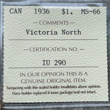 Load image into Gallery viewer, 1936 Canada 1 Dollar Silver Coin One Dollar - ICCS Gem 66 - Victoria North
