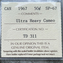Load image into Gallery viewer, 1967 Canada 50 Cent Silver Coin Half Dollar ICCS Gem SP 67 Ultra Heavy Cameo
