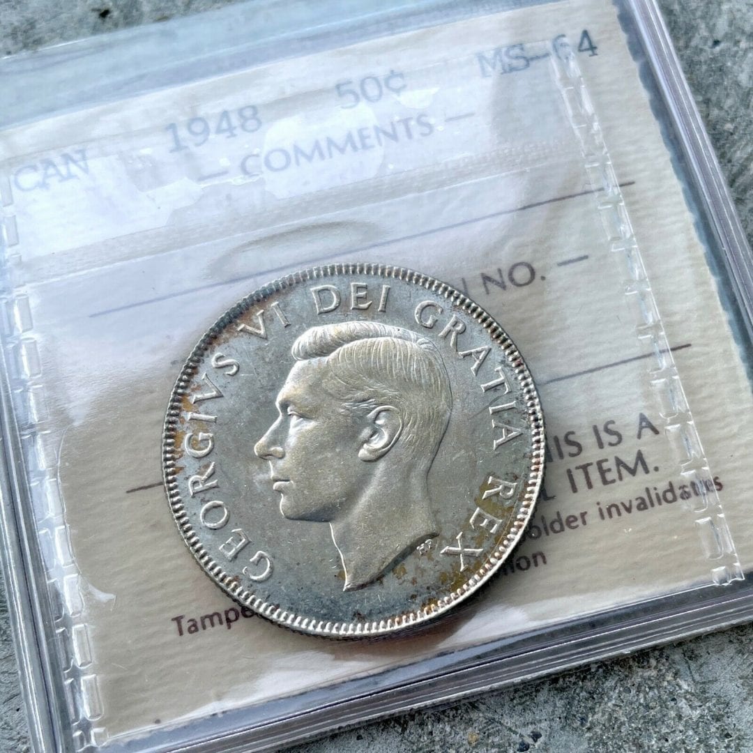 1948 Canada 50 Cent Silver Coin Half Dollar ICCS Choice Unc 64 - Old Holder