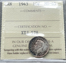 Load image into Gallery viewer, 1938 Canada 10 Cent Silver Coin Dime ICCS MS Gem 65 - Attractive Toning
