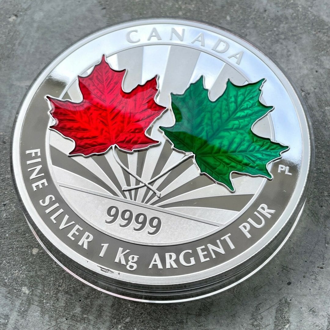 2014 Canada Kilo .9999 Fine Silver Coin $250 Maple Leaf Forever Stunning Enamel