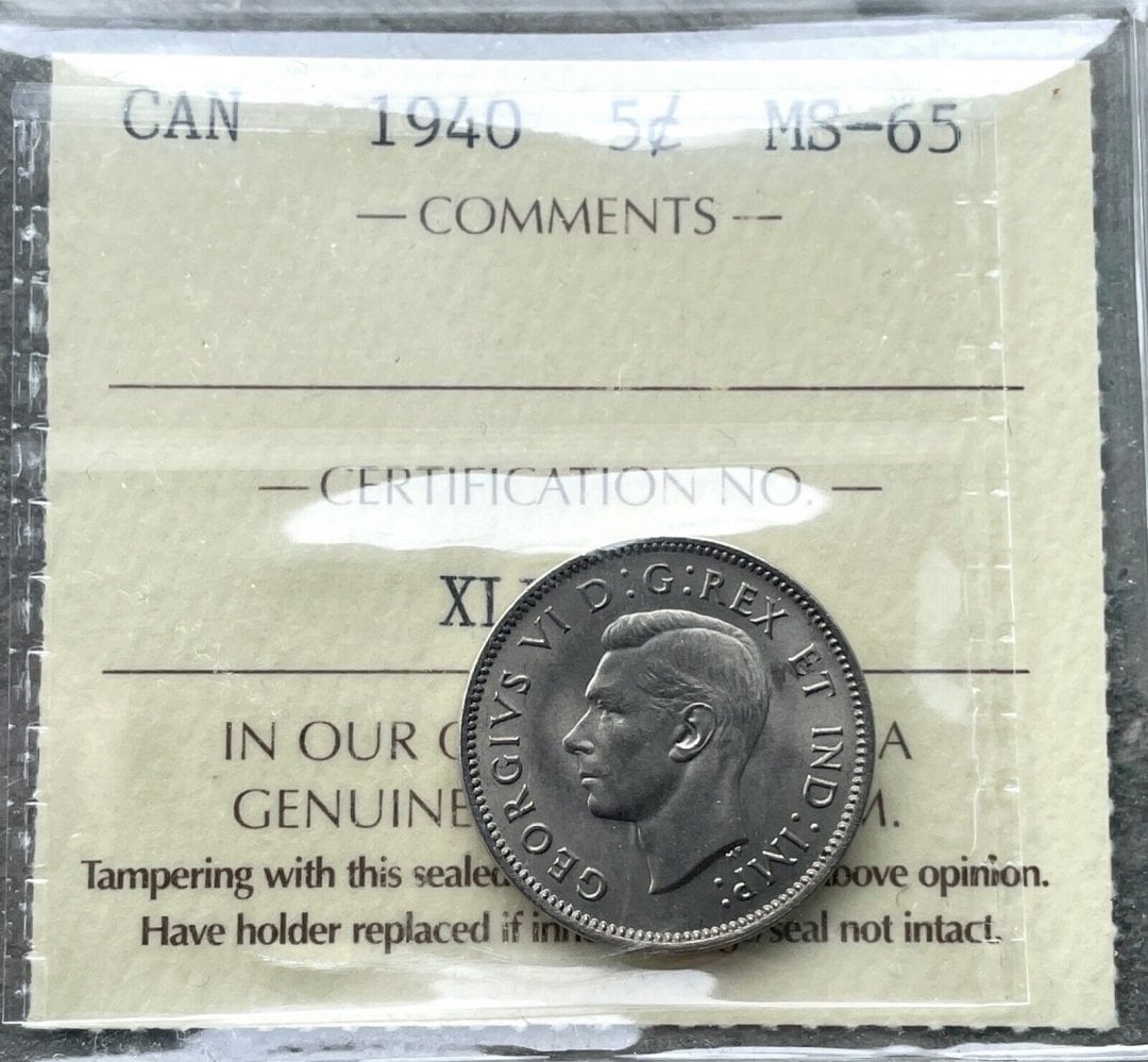 1940 Canada 5 Cent Nickel Coin - ICCS GEM MS 65