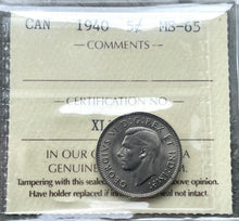 Load image into Gallery viewer, 1940 Canada 5 Cent Nickel Coin - ICCS GEM MS 65
