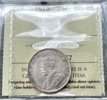 Load image into Gallery viewer, 1919 Canada 25 Cent Silver Coin Quarter ICCS MS Gem 66 - Simply Stunning
