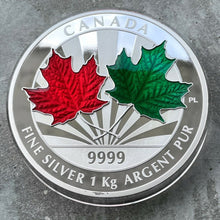 Load image into Gallery viewer, 2014 Canada Kilo .9999 Fine Silver Coin $250 Maple Leaf Forever Stunning Enamel
