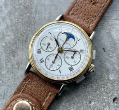 Vintage Mens Baume & Mercier 6102.099 Chronograph Moonphase 18K +Stainless Steel