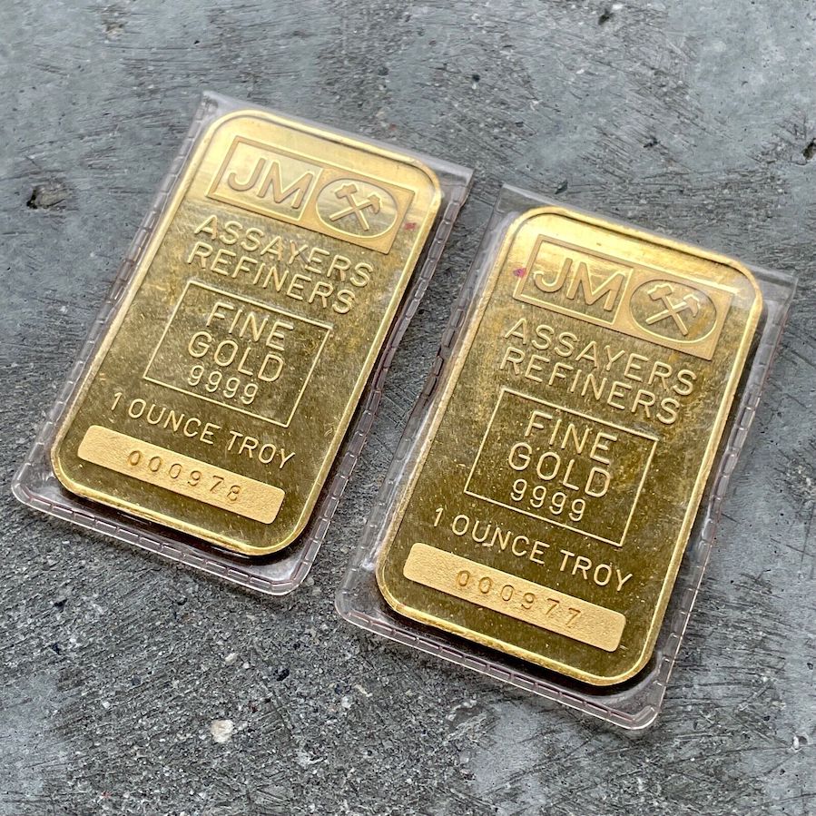 2 x Johnson Matthey 1 oz Gold Bar .9999 1oz Blank Back - Low Serial Numbers!