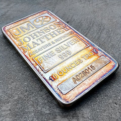 Johnson Matthey 10 oz .999 Silver bar - A Serial Prefix - Monster Rainbow Toning