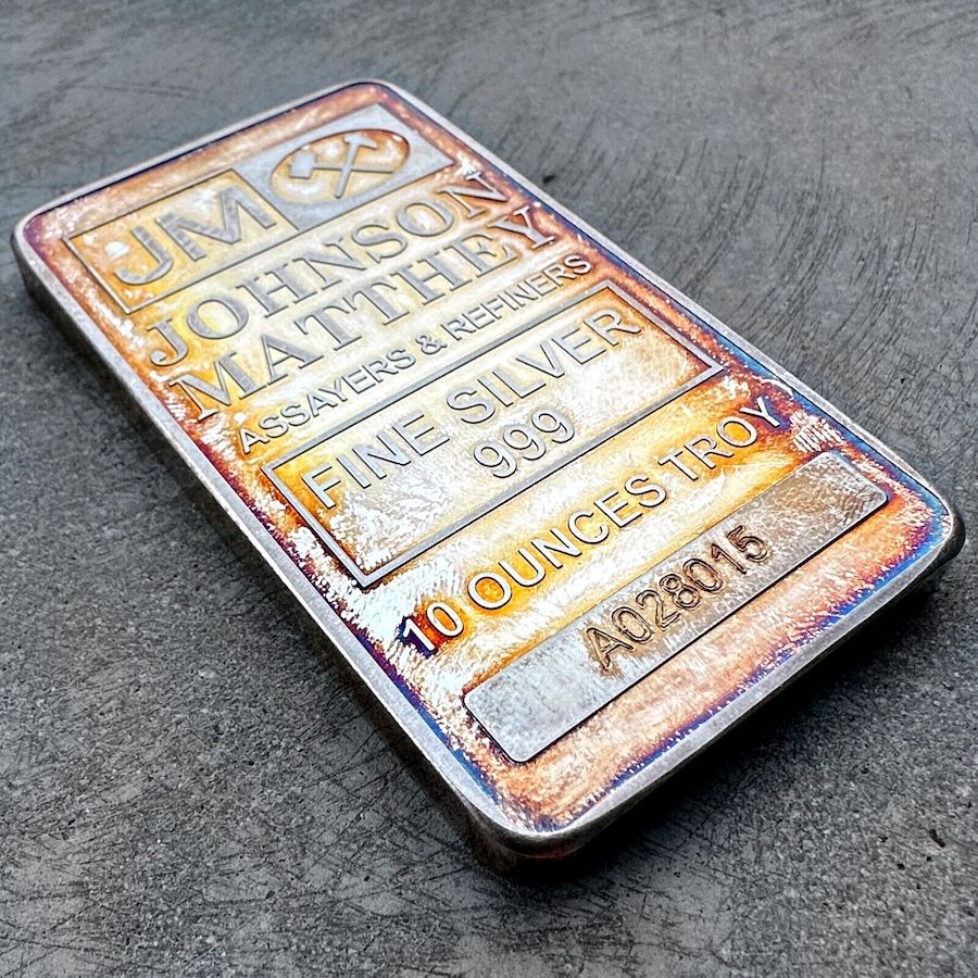 Johnson Matthey 10 oz .999 Silver bar - A Serial Prefix - Monster Rainbow Toning