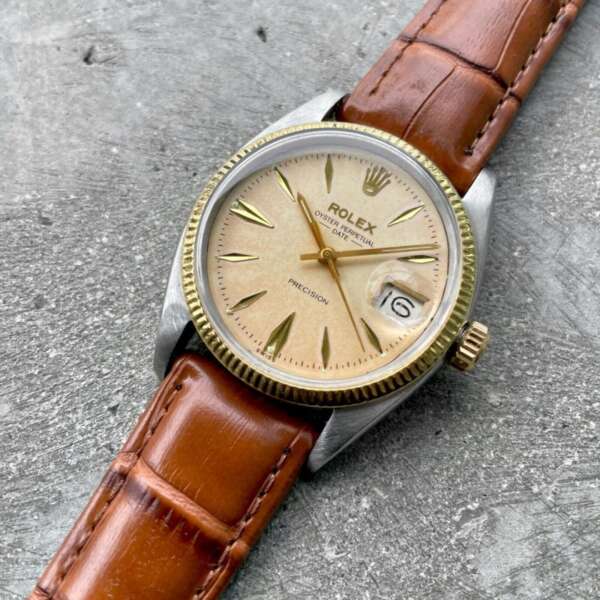 1959 Rolex Date 5701 Mens 1530 14K Gold bezel + stainless steel Tropical Dial