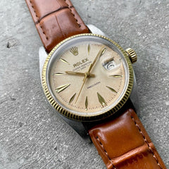 1959 Rolex Date 5701 Mens 1530 14K Gold bezel + stainless steel Tropical Dial