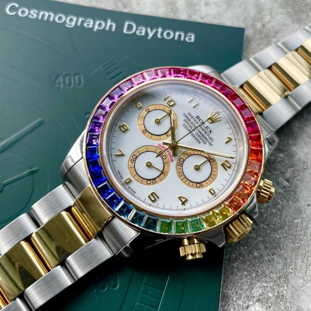 2004 Rolex Daytona Two Tone 116523 Box / Papers + Custom Sapphire Rainbow Bezel