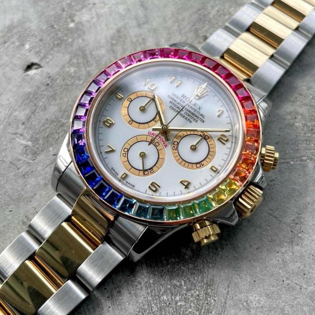 2004 Rolex Daytona Two Tone 116523 Box / Papers + Custom Sapphire Rainbow Bezel