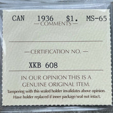 Load image into Gallery viewer, 1936 Canada 1 Dollar Silver Coin One Dollar - ICCS Gem 65 - Attractive Patina
