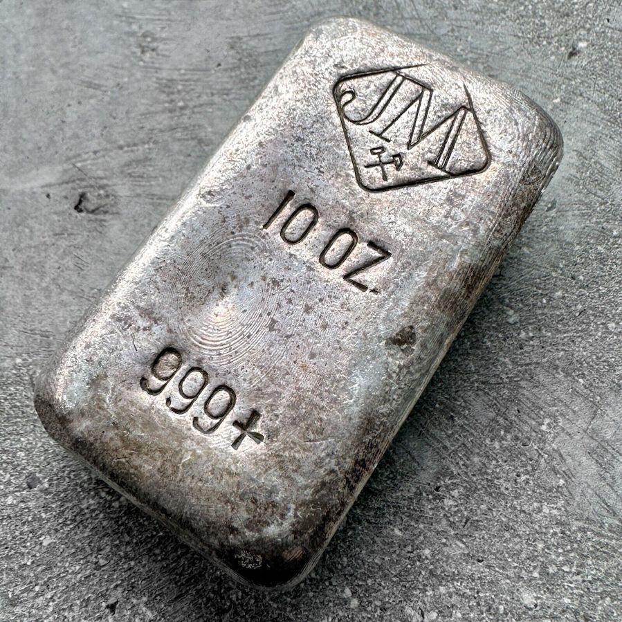 Vintage 10 oz .999 Silver Johnson Matthey Poured bar - Large Logo