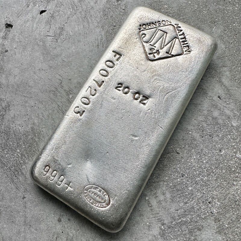 Vintage 20 oz .999 Silver Johnson Matthey Poured bar - F Serial