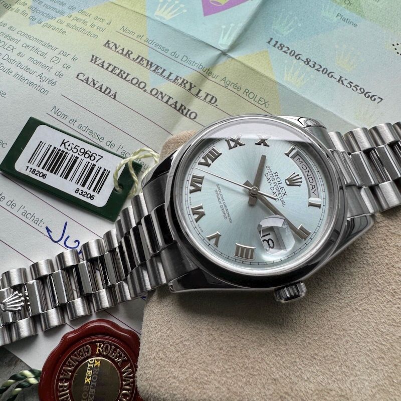 36mm Rolex Platinum President 118206 Glacier Blue Dial – Serviced - Box + Papers