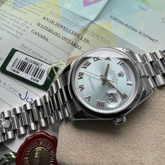36mm Rolex Platinum President 118206 Glacier Blue Dial – Serviced - Box + Papers