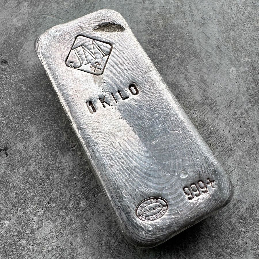 Johnson Matthey 1 Kilo .999 Silver Poured Bar 32.15 oz - Nice pour lines