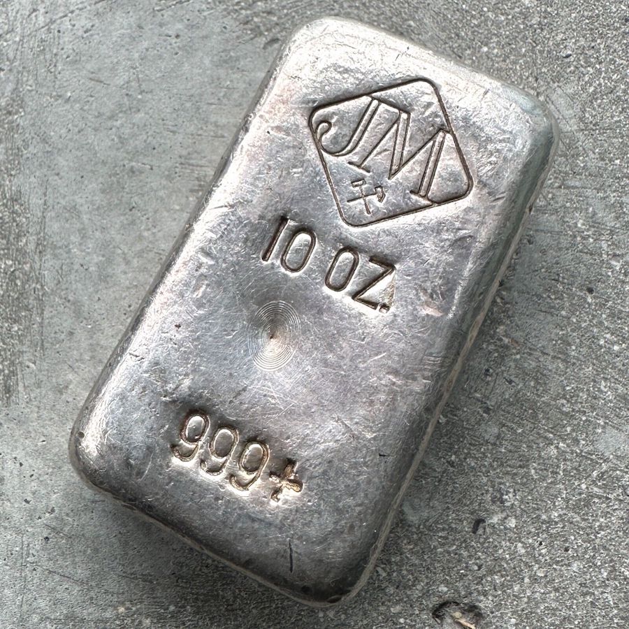 Vintage 10 oz .999 Silver Johnson Matthey Poured bar - Large Logo