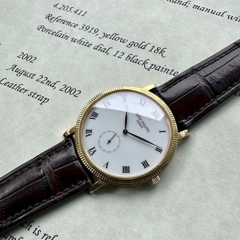Vintage Patek Philippe Calatrava Gold 3919J Porcelain dial with Box + Extracts