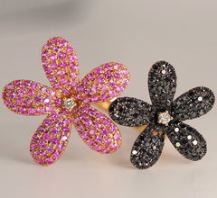 Solid 18K rose gold natural Pink Sapphire and Black Diamond flower ring