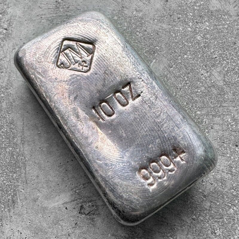 10 oz .999 Silver Johnson Matthey Poured JM bar - Toner Bar - Nice Pour lines