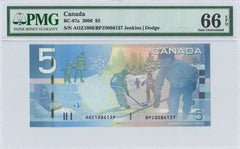 $5 Bank of Canada Note Mismatched Serial and Prefix Error - PMG Gem UNC 66 EPQ