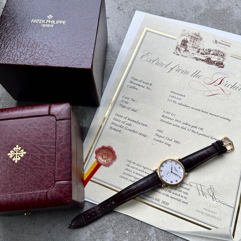 Vintage Patek Philippe Calatrava Gold 3919J Porcelain dial with Box + Extracts