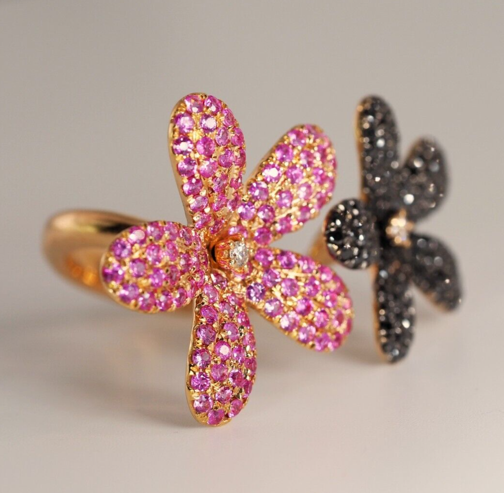 Solid 18K rose gold natural Pink Sapphire and Black Diamond flower ring