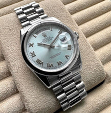 Load image into Gallery viewer, 36mm Rolex Platinum President 118206 Glacier Blue Dial – Serviced - Box + Papers
