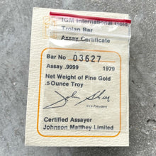 Load image into Gallery viewer, 1979 Johnson Matthey 1/2 oz Gold Bar .9999 .5 oz - The Trojan Horse Bar

