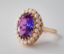 Load image into Gallery viewer, Vintage solid 10K yellow gold Amethyst and Seed Pearl statement ring
