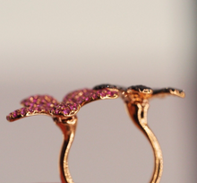 Load image into Gallery viewer, Solid 18K rose gold natural Pink Sapphire and Black Diamond flower ring

