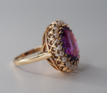 Load image into Gallery viewer, Vintage solid 10K yellow gold Amethyst and Seed Pearl statement ring
