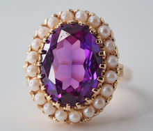 Load image into Gallery viewer, Vintage solid 10K yellow gold Amethyst and Seed Pearl statement ring

