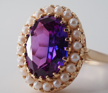 Load image into Gallery viewer, Vintage solid 10K yellow gold Amethyst and Seed Pearl statement ring
