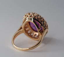 Load image into Gallery viewer, Vintage solid 10K yellow gold Amethyst and Seed Pearl statement ring
