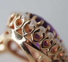 Load image into Gallery viewer, Vintage solid 10K yellow gold Amethyst and Seed Pearl statement ring
