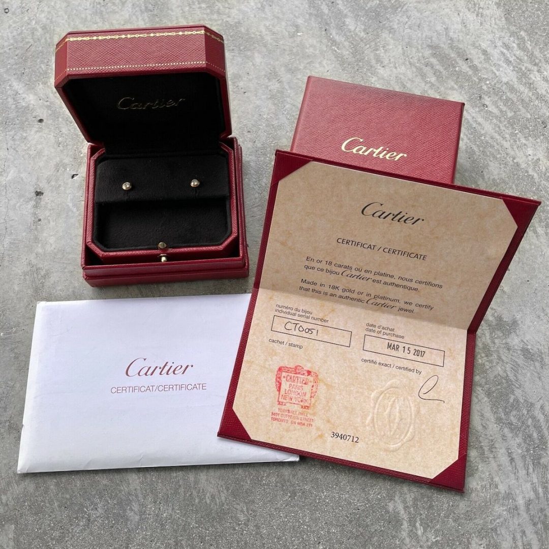 Authentic Cartier Diamond Stud Earrings 18K yellow gold - Box and Certificate