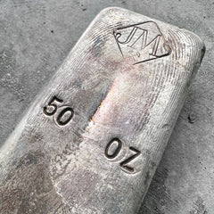 50 oz .999 Silver Johnson Matthey Poured bar - Nice purple patina and pour lines