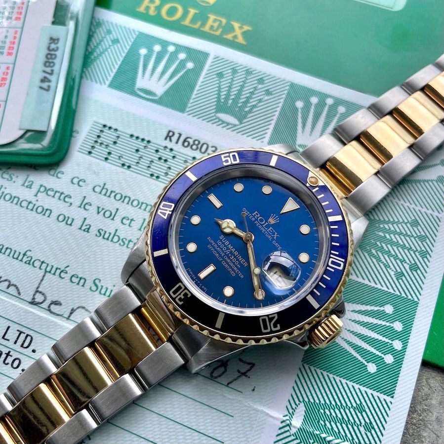1987 Rolex Submariner Two Tone 16803 - Box and Papers - Tropical Blue Dial