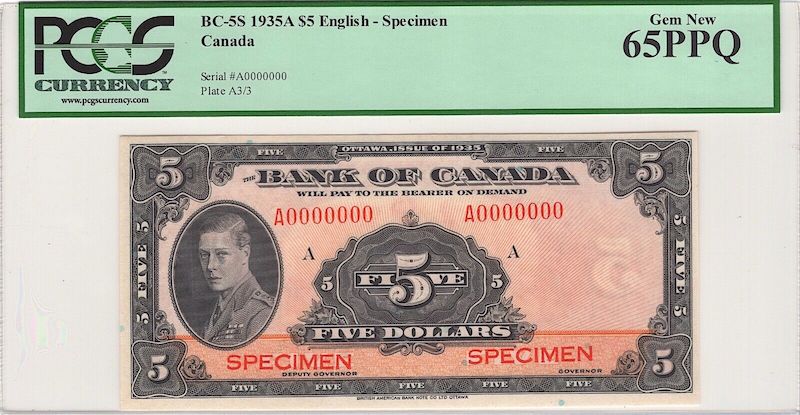 1935 Canada English $2 Specimen BC-5S PCGS Gem New 65PPQ