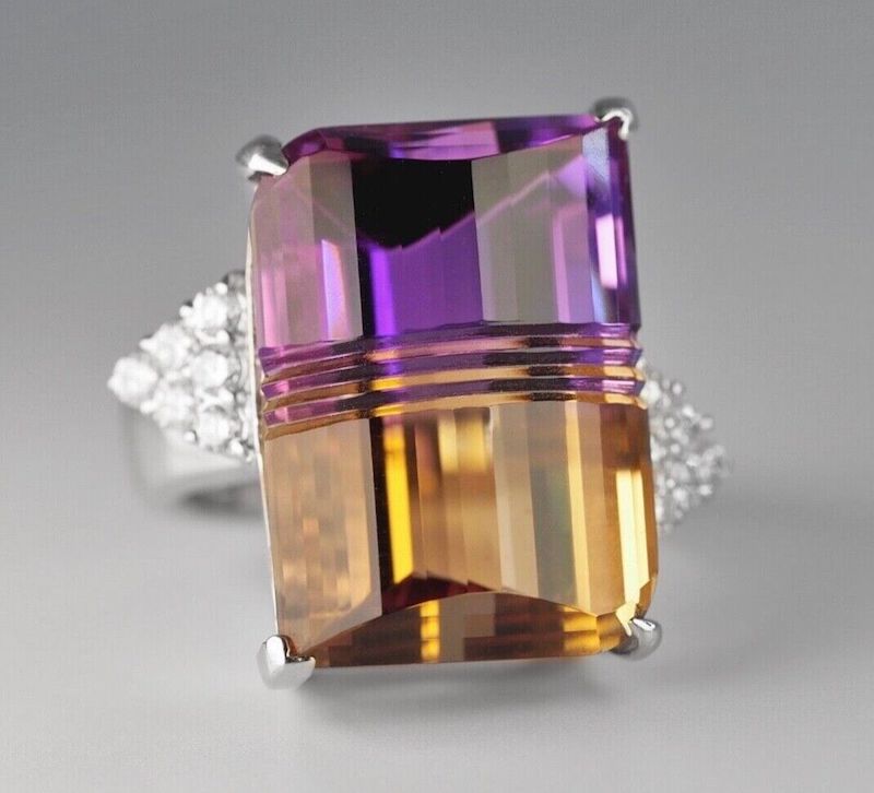 Vintage Platinum 27.38ct Natural Ametrine Quartz + Diamond cocktail ring $7500