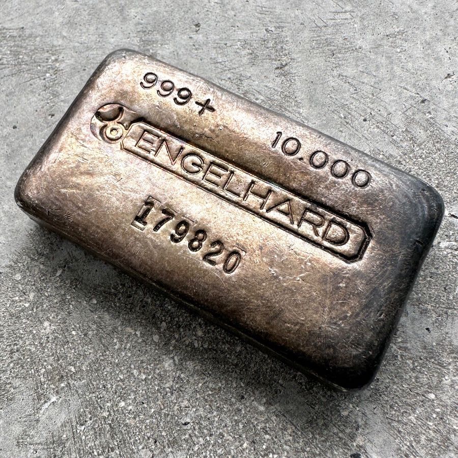 Vintage Engelhard 10 oz .999 Silver Poured bar - Pretty Patina