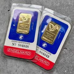 2 Consecutive Vintage Engelhard 1 oz Gold Bar .9999 1oz - Sealed in Assay Card
