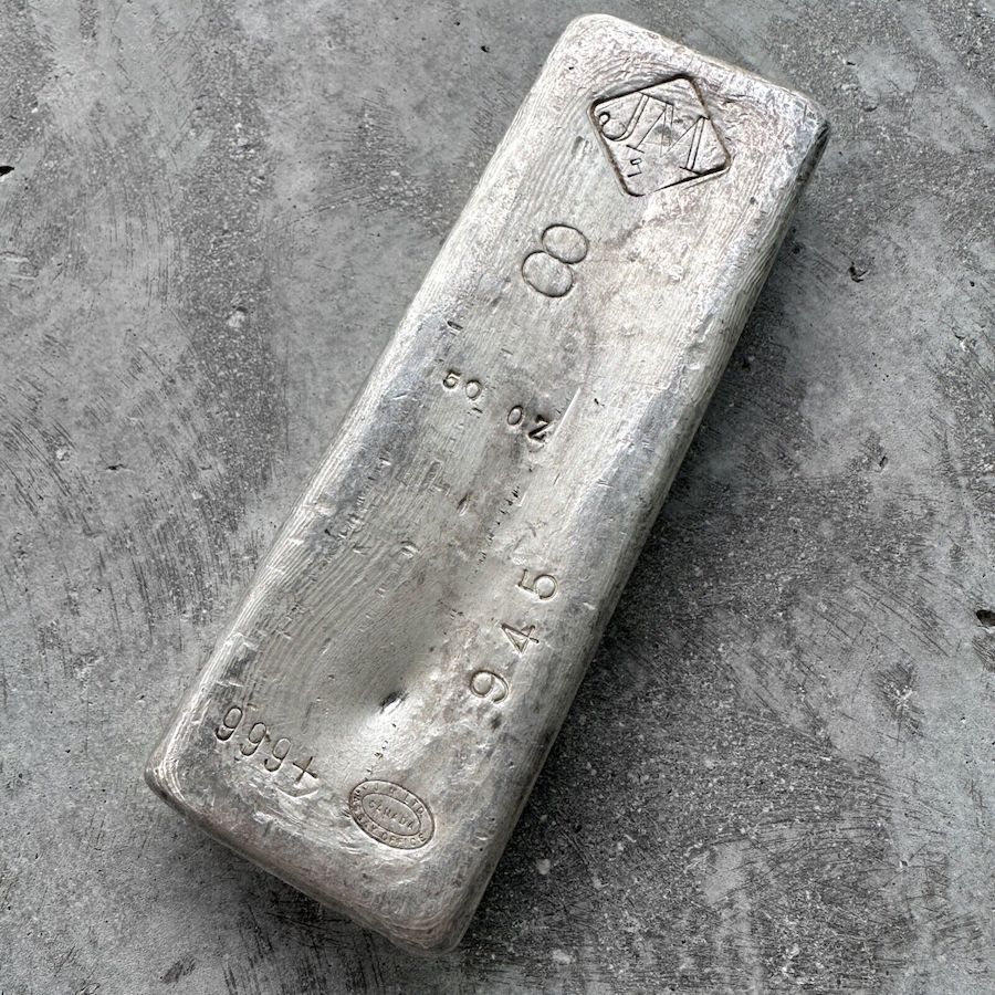 Vintage 50 oz .999 Silver Johnson Matthey Poured bar - With serial and '8'