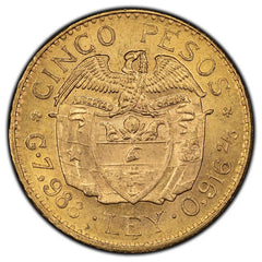 1929 Colombia 5 Pesos Gold Coin